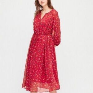 Uniqlo Red Midi Dress with Pattern and Long Sleeve Dress